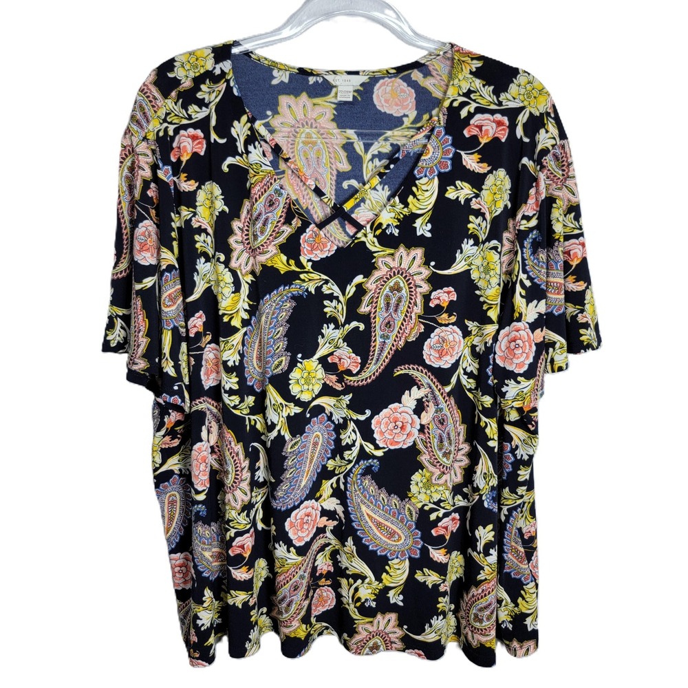 Cato Womens 22/24W Top Black Paisley Floral Criss Cross‎ V-Neck Short Sleeve